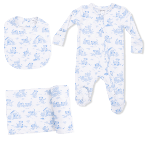 Puppy Toile Blue - 2 Way Zipper Footie, Swaddle & Bandana Bib Set – Angel Dear