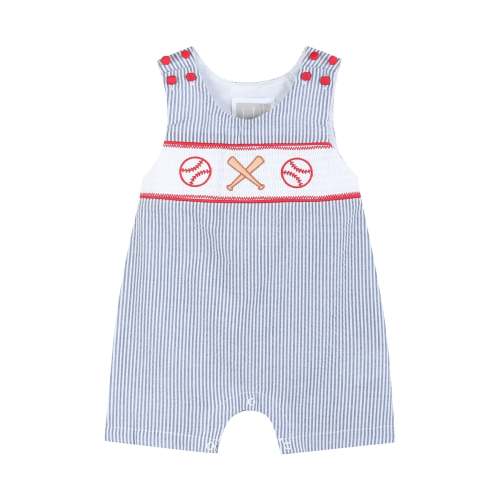 Blue Seersucker Baseball Smocked Shortalls