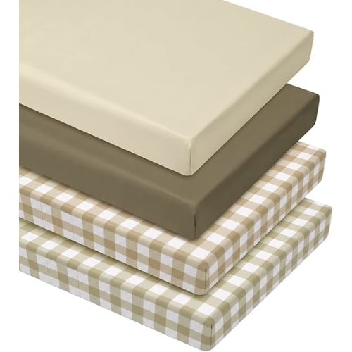 4 Pcs Crib Sheet Set Nursery - Checkered Khaki