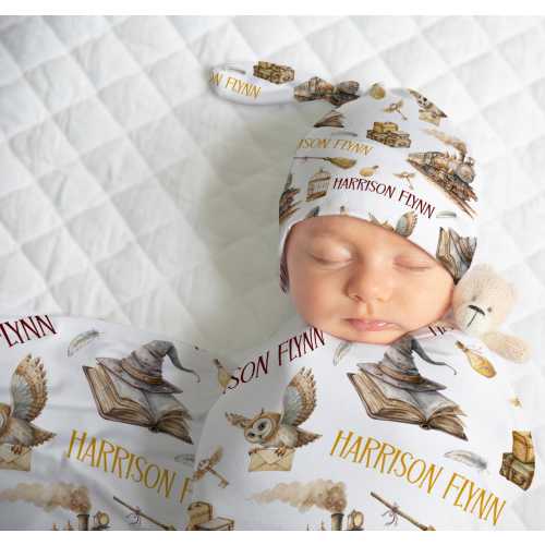 PERSONALIZED WIZARD SWADDLE Blanket, Baby Boy Wizard Blanket Knotted Hat, Wizard Baby Gift, Custom Baby Boy Name Swaddle, Baby Shower Gift