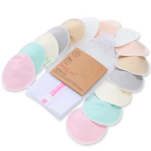 KeaBabies Organic Bamboo Nursing Breast Pads - 14 Washable Pads + Wash Bag - Breastfeeding Nipple Pad for Maternity - Reusable Nipplecovers for Breast Feeding (Pastel Touch, Large 4.8")