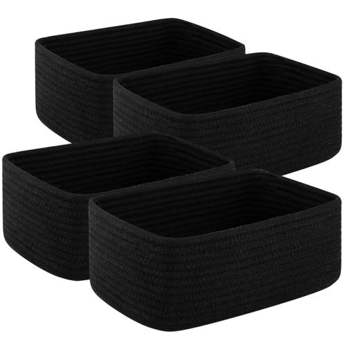 4 Pack Small Storage Shelf Baskets for Organizing, Mini Woven Rope Storage Bins for Towels, Cute Decorative Closet Organizer,Baby Nursery, Gift Empty Baskets -13''Lx8.66''Wx5.11''H-Black