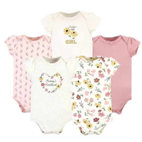 Hudson Baby Infant Girl Cotton Bodysuits, Soft Painted Floral 5-Pack, 0-3 Months