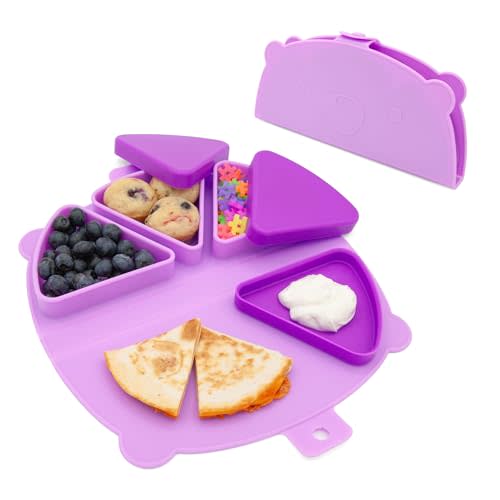 Silicone On-The-Go Snack Mat – Foldable Reusable Placemat with 3 Compartments and Lids – Travel-Friendly Baby and Toddler Snack Plate – Dishwasher Safe (Plum)