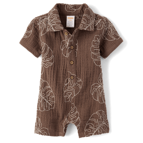 Baby Boys Embroidered Tropical Leaf Gauze Romper - Amalfi Coast - Brown