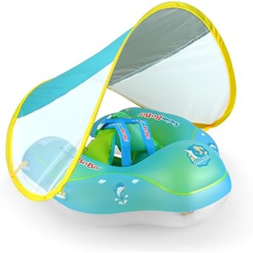 New Upgraded Swimbobo Baby Swimming Float Kids Inflatable Swim Ring with Safety Support Bottom Swimming Pool Accessories for 3-36 Months (Blue, L)