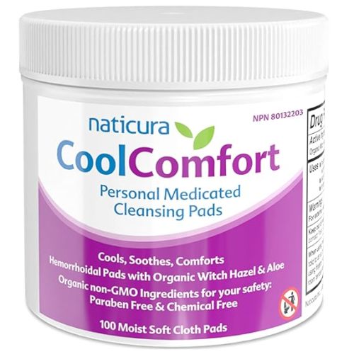 CoolComfort Personal Cleansing Pads with Organic Witch Hazel and Aloe Vera - All Natural and Fast Acting Wipes for Hemorrhoid Burning, Itching, Pain and Swelling - 100 Pads - No Parabens - Made in USA
