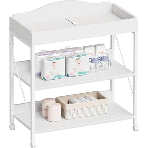 Baby Changing Table, Diaper Changing Station with Pad and Wheels, Two-Tier Open Storage Shelves, Waterproof Diaper pad & Safety Strap, Compact Baby Furniture for Nursery, White