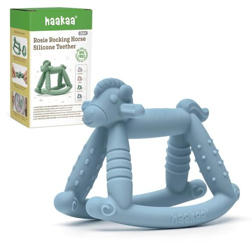 haakaa Rosie Rocking Horse Silicone Teether, Baby Teether Toys with Multiple Textured Surfaces for Gum Massage, Easy to Grip and Chew - Sky Blue