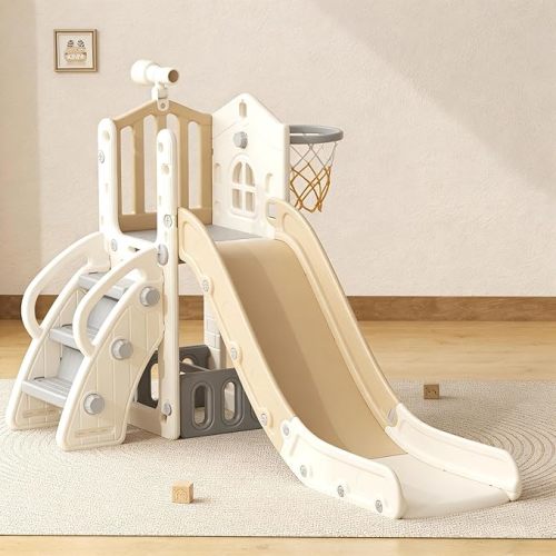YUFU 5 in 1 Toddler Slide, Kids Slide with Climber, Basketball Hoop and Ball, Outdoor Indoor Playset for Toddlers Age 1-3 (Beige+Coffee)
