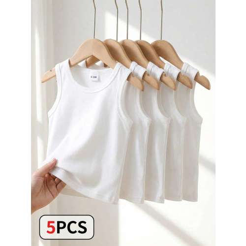 SHEIN Playful Pals 5pcs/Set Baby Boy Casual White Knitted Sleeveless Vest Tops, Suitable As Undershirt, For Outdoors, Daily Casual Wear, Travel, Suitable For Spring/Summer, Easy Comfort, Casual Wear , Family Outing Season, Vacation Kids-Wear, Vacation, Ch