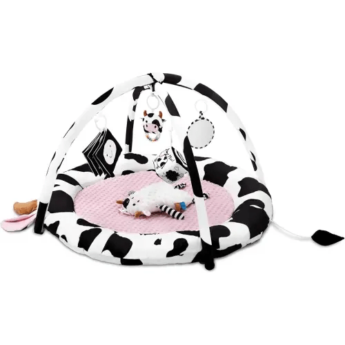 Pink Cow Baby Play Gym,Tummy Time Mat with 6 Sensory Toys, Extra Thick Soft Baby Play Mat for Floor, Newborn Essentials Christmas Gift 0-3-6-9-12 Months
