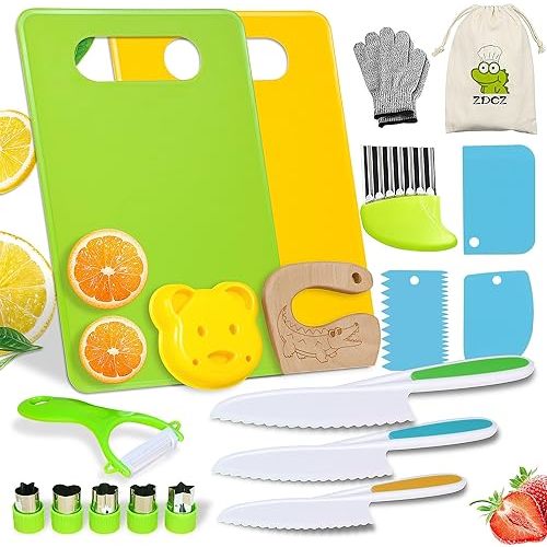 Montessori Kitchen Toys for Toddlers - 20 Pcs Kids Cooking Set with Safe Knives, Crinkle Cutters, Cutting Boards - Real Cooking Tools for Boys Girls Ages 2-8