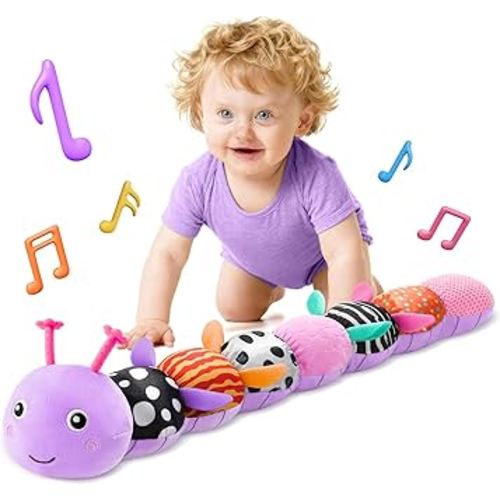 HEMRLY Baby Gifts Toys, Sensory Toy 0-6 Months, Musical Stuffed Caterpillar Plush with Soft Teether, Rattle for Tummy Time, Infant Car Seat Toy for 0-3-6-12 Month Boys Girls Gifts - Spotted Purple