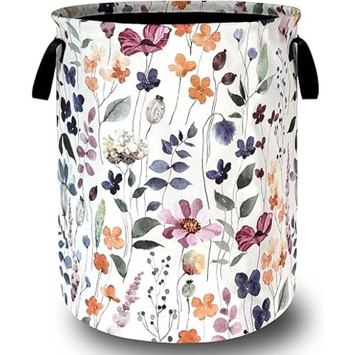 Watercolor Floral Laundry Basket Foldable With Handles Tote Bag Oxford Cloth Cute Flowers Laundry Hamper Clothes Storage Bucket Toy Organizer 18.9" x 16.5" For Bathroom/Laundry/Bedroom