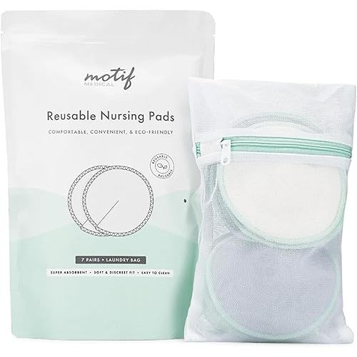 Motif Medical Reusable Nipple Pads for Breastfeeding - Washable Nursing Pads w/Laundry Bag - PUL Waterproof Back & Leak-Proof Bamboo Nursing Pads - Lactation Pads for Women (7 Pairs)