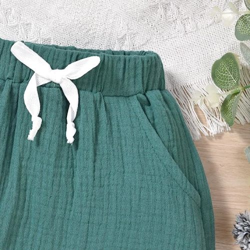 ASTRILL Newborn Infant Baby Boy Girl Clothes Linen 2Pcs Summer Outfits Short Sleeve T-Shirt Tops Solid Shorts Sets - Blue Green - 3-6 Months