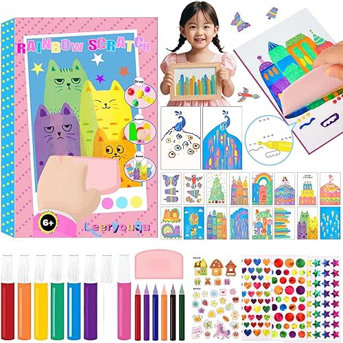 LEERYOUQU Squeegee Art Craft Kit, Creative Painting Kit for Kids, Rainbow Scratch Paper Art Set Notebooks, Magic Dot Scratch Painting Party DIY Gifts for Girls and Boys