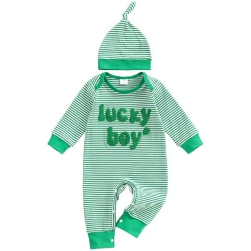 Newborn Infant Baby Boy St Patricks Day Outfit Lucky Boy Embroidery Waffle Knit Long Sleeve Romper Jumpsuit with Hat