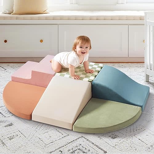 Tiny Land Soft Foam Climbing Blocks for Toddlers, 6-Piece Baby Foam Climbing Blocks, Indoor Playground Climbing Toys, Ideal Gift for Kids Activity Crawling and Sliding Foam Play Set (Morandi)