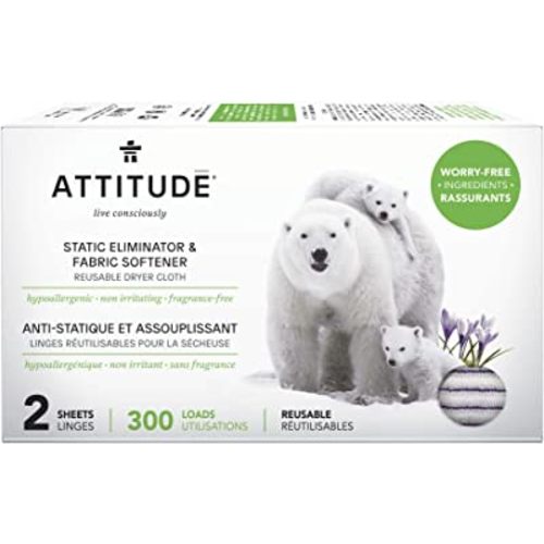 ATTITUDE Reusable Dryer Sheets, Static Eliminator & Fabric Softener, Fragrance-Free Laundry, Made in Canada, 300 Loads, 2 Sheets (1 Pack)