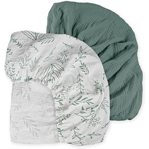 Muslin Mini Crib Sheets, 2 Pack for Baby Boy and Girl, Soft Breathable Stretchy Baby Pack N Play Mattress and Mini Cribs Sheet, Universal Fitted Portable/Mini Crib Mattresses (Bright Leaves)