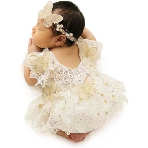 ForBaysy Newborn Girls Photography Prop Outfit Butterfly Tulle Lace Romper with Headband Photoshoot Costume Newborn Dress