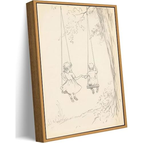 Floating Framed Vintage Children Swinging Canvas Wall Art, Nursery Sketching Painting Picture Wall Decor, Minimalist Neutral Poster Print Artwork for Kids Room Play Room Home Decoration 8x10in