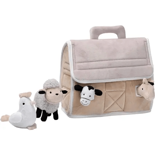Lambs & Ivy Baby Farm Plush Barn with 4 Stuffed Animals Toy - Taupe/Gray/White