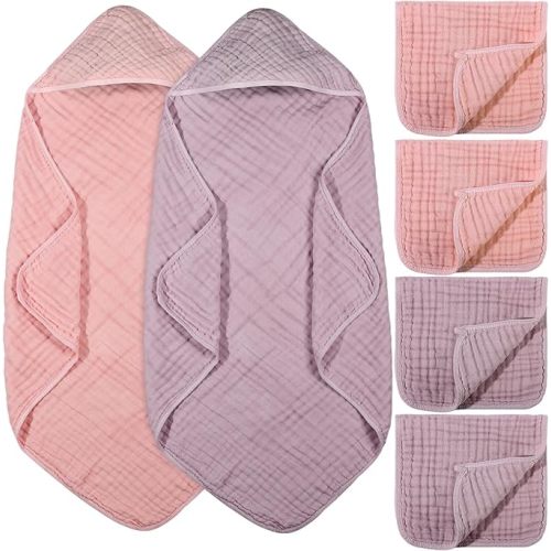 VitalCozy 6 Pcs Baby Muslin Hooded Bath Towels and Washcloths Muslin Cotton Hooded Baby Towels Absorbent Blankets for Gift Newborn Infant Shower (32 x 32 Inch,Pink,Rose)