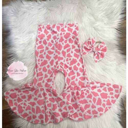 Pink Cow Spots Ultra Flare Bell Bottoms/Baby Girl Bell Bottoms/Pink Cow Spots Bell Bottoms and Bow/Baby Girl Western Bell Bottoms