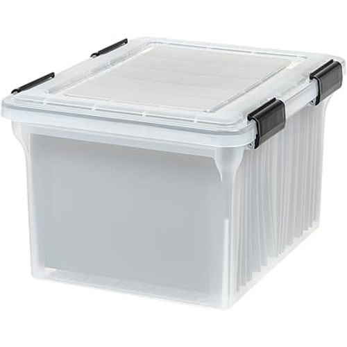 IRIS USA File Box WeatherPro Organizer Plastic for Letter/Legal, Water Resistant Document, Durable Lid, Seal w/Secure Latching Buckles, Stackable, Nestable, Clear 32 Qt. 1 Pack