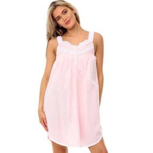 ADR 100% Cotton Nightgowns for Women, Sleeveless Lace Trimmed Button Up Short Vintage Night Dress Gown Pink Peach Large