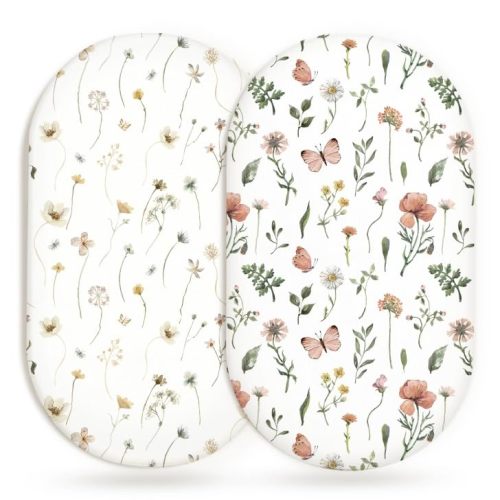 Bassinet Sheets for Baby Girls Boys 2 Pack, Fitted Baby Mattress Sheet for Rectangle, Oval, Hourglass Bassinet Mattress, Breathable Cozy & Universal Fit (Butterfly Garden)