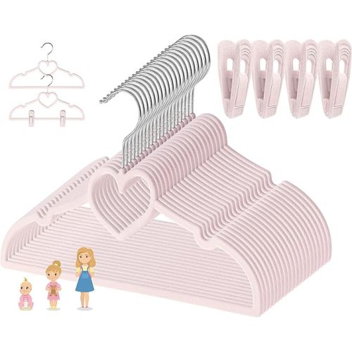 Kids Pink Velvet Clips Hangers - 13inch 50 Pack Baby Hanger with 20pcs Movable Clips, Stackable Non-Slip Heart Flocked Hangers Fit for Children and Toddler, Heavy-Duty and Space-Saving(Silver)