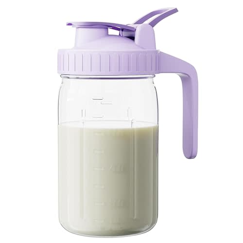 Glass Milk Jug, 32oz Leakproof Glass Jug with Lid & V-Shaped Pour Spout, Dishwasher Safe Breast Milk Storage Bottle for Home Breast Storage Bottle