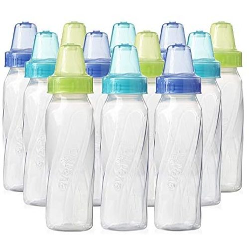 Evenflo Feeding Classic Clear Plastic Standard Neck Bottles for Baby, Infant and Newborn - Teal/Green/Blue, 8 Ounce (Pack of 12)