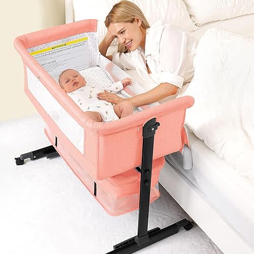 3 in 1 Bassinet Bedside Sleeper, Baby Bassinets Bedside Sleeper with Wheels, Breathable Mesh, Adjustable Height, Storage Basket, Easy Assemble & Folding (Pink)