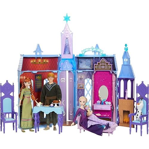 Mattel Disney Frozen Dolls & Doll House, Ultimate Arendelle Adventure Portable Castle (2+ ft) with 3 Fashion Dolls, Olaf Figure & 25+ Accessories