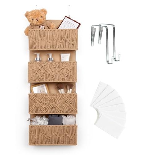 Nursery Over The Door Organizer Boho Decor Nursery Storage with 4 Large Woven Pockets, Macrame Nursery Organizers and Toys Storage, Behind Door for Bathroom, Bedroom, Brown