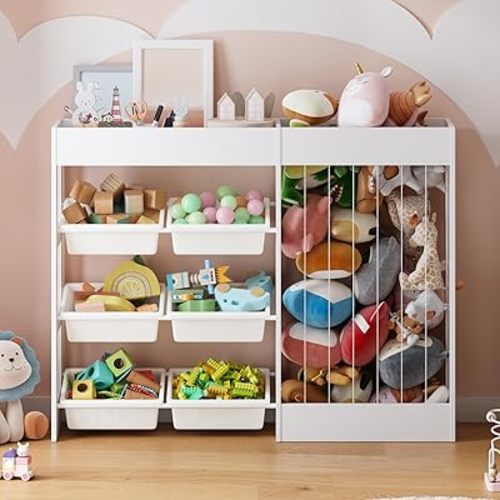 39" H x 50.6 W Toy Storage Organizer with Stuffed Animal Storage, Kids Bookshelf with 6 Plastic Bins, Large Toy Stuffed Animal Holder with Bookcase for Children Rooms, Playroom, Nursery (White)