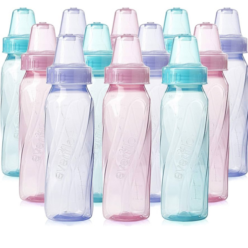 Evenflo Feeding Classic Tinted Plastic Standard Neck Bottles for Baby, Infant and Newborn, Pink/Lavender/Teal, 8 Ounce (Pack of 12)
