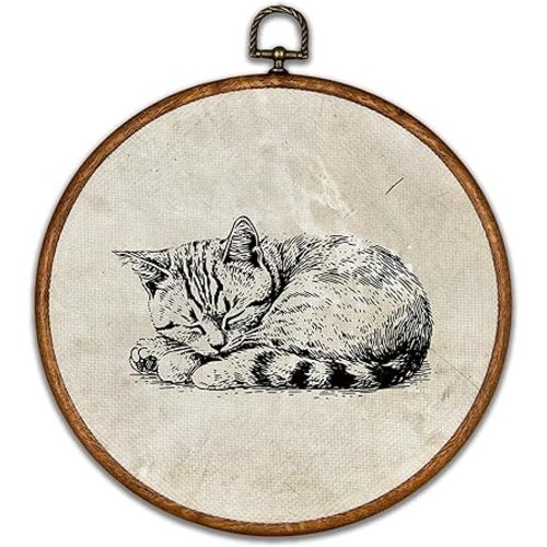KSDUT Retro Cat Wall Art Decor - Neutral Beige Antique Cat Wall Art Canvas Frame Hanging Prints, Rustic Vintage Cottagecore Moody Round Wall Art Decor for Home Farmhouse Decorations 10"x10"