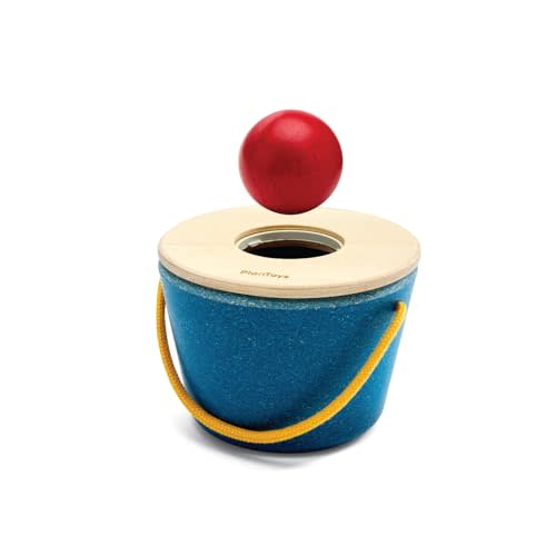 PlanToys® Pop 'N' Drop Bucket | Wooden Object Permanence Toy for Babies 6M+ | Montessori Interactive Ball Dropping Toy with Lid | Develops Hand-Eye Coordination, Motor Skills & Cause-&-Effect Learning