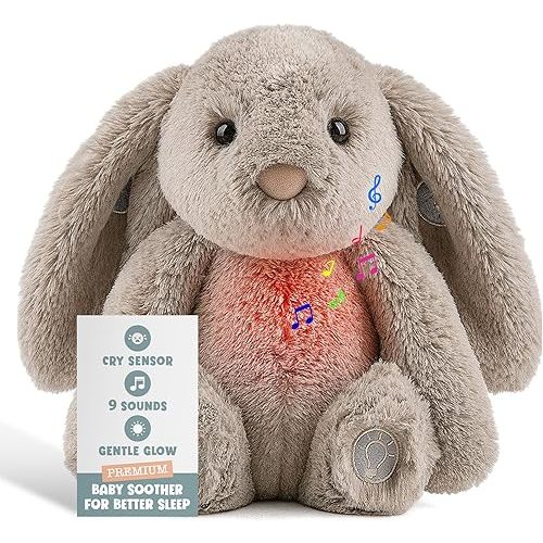 Gemma Joy Baby Sleep Soother Bunny for Baby – Cry Activated Heartbeat Stuffed Animal – Rechargeable Crib Soother with White Noise, Shush, Lullabies & Night Light – Newborn Essentials Must Haves