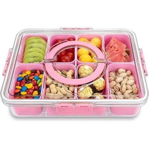 Divided Serving Tray with Lid and Handle, 8 Compartments Snack Box, Portable Platter for Candy Fruits Nuts, Snack Party Entertaining Picnic
