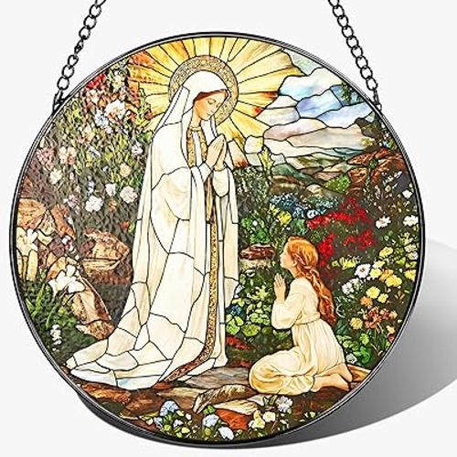 8 Inch Lady of Lourdes Stained Glass Suncatcher, Stained Glass Window Hanging, Virgin Mary Religious Window Hanging, Gift for Mothers Day, Catholic Home Decor, Faith Gift for Christian, Religious Gift