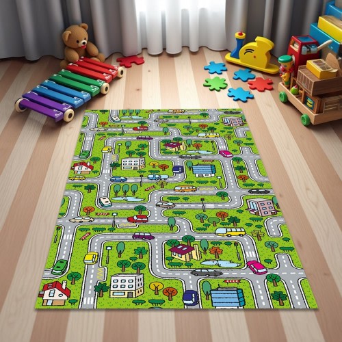 Green City Road Map Rug Toddler Nursery Carpet Nonslip Washable Playroom Mat