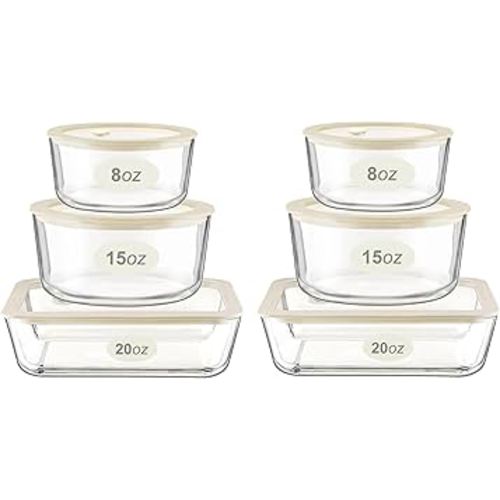 Urban Green Glass Food Container Set with Glass Lid, 6 Pack, Food Storage Containers Set, Airtight, LeakProof, Micowave Safe, 100% Plastic Free, Meal Prep Containers (White Color)