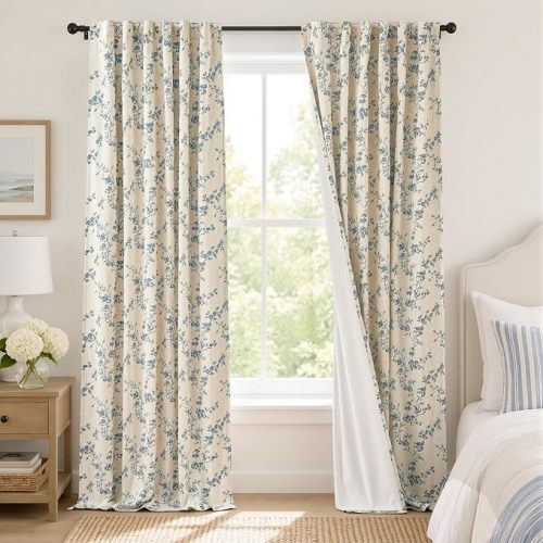 Lazzzy Blackout Vintage Floral Linen Curtains Blue on Beige 50×96 2 Panels